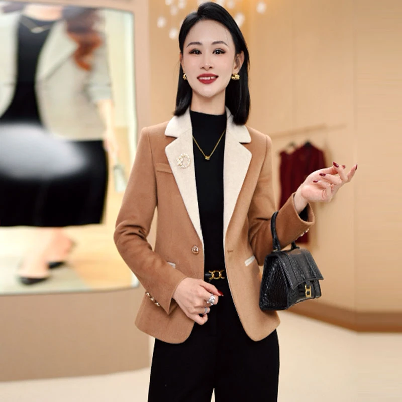24年秋冬新款拼色撞色呢子高级感长袖气质西服外套女