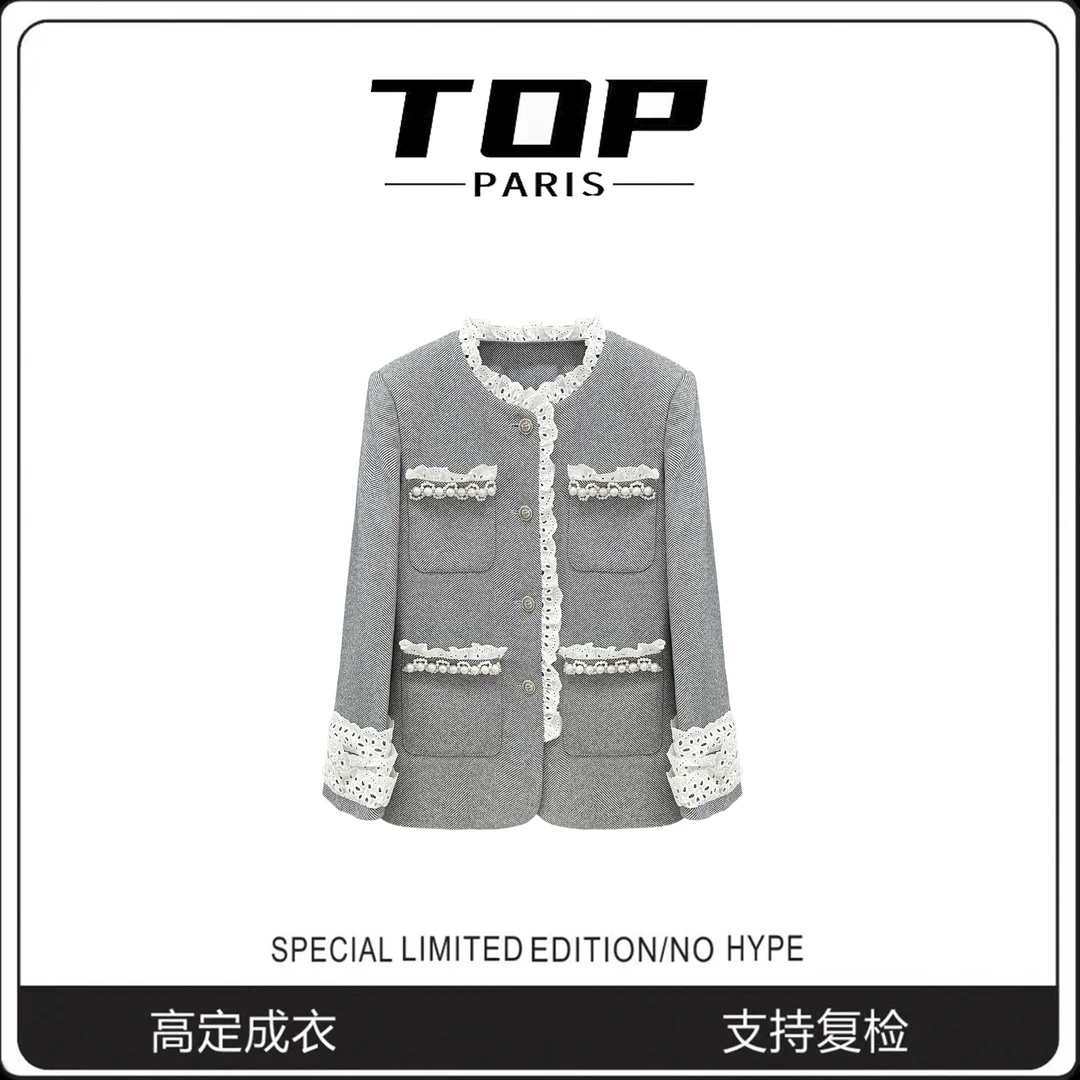 TOP【女神冰冰同款】洛丽塔风小香风蕾丝包边灰色重工香风外套1263