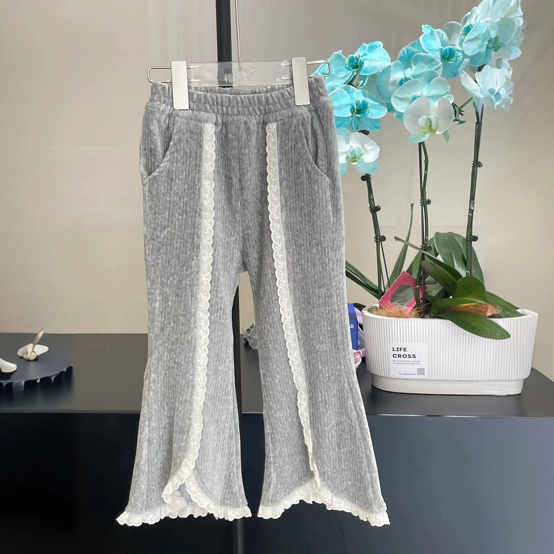 棉小九 森系儿童花边拼接喇叭裤（中童）741002