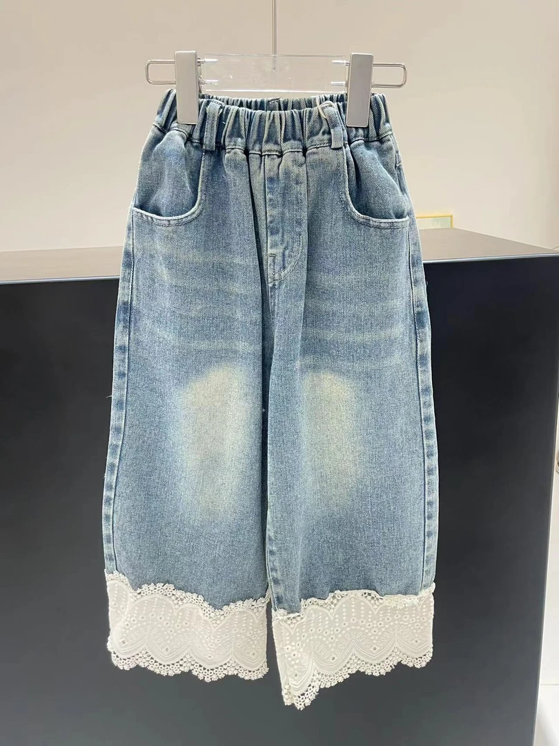 棉小九 花苞蕾丝直筒牛仔裤（中童）00620