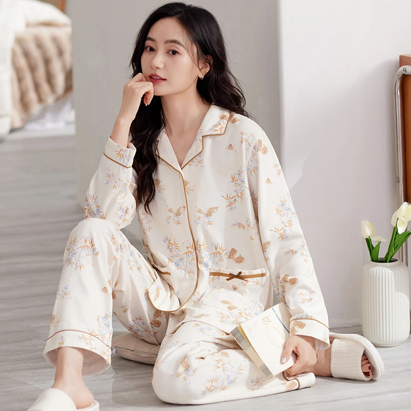 莉莉家女士2024新款加厚纯棉开衫长袖长裤简约竹叶睡衣家居服外穿
