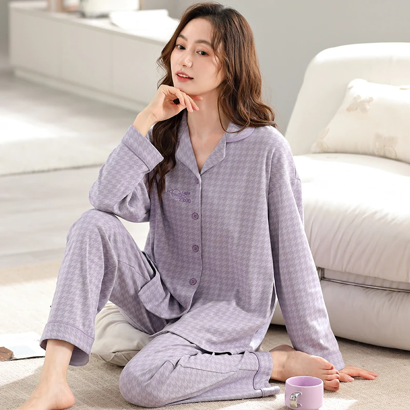 新款莉莉家女士加厚纯棉紫色千鸟格长袖开衫家居服保暖可外穿