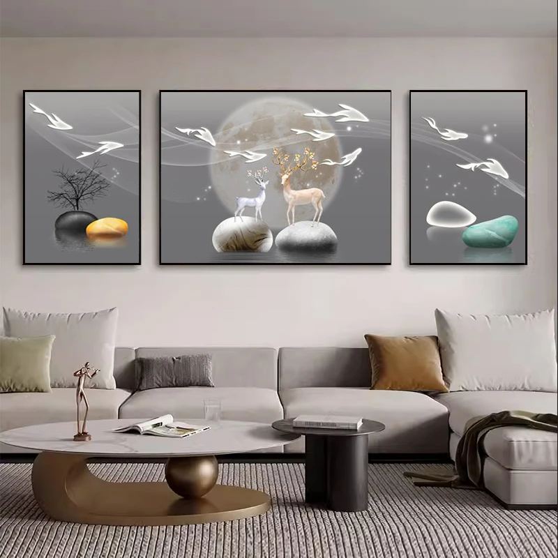 轻奢客厅装饰画简约现代沙发背景墙玄关抽象装饰画大气三联高档画