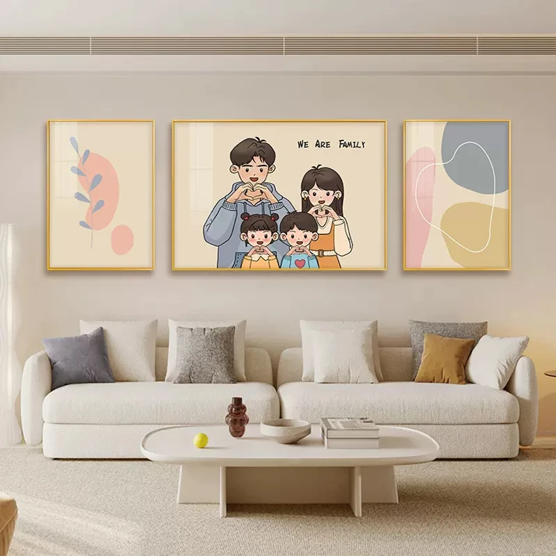 一家三口四口客厅装饰画奶油风沙发背景墙挂画三联画现代简约壁画
