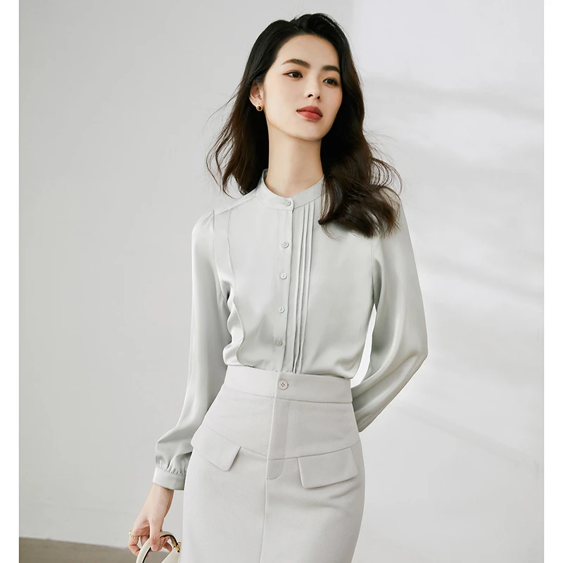 晚白春季新款淑女衬衣立领长袖通勤优雅新中式衬衫女简洁24011115