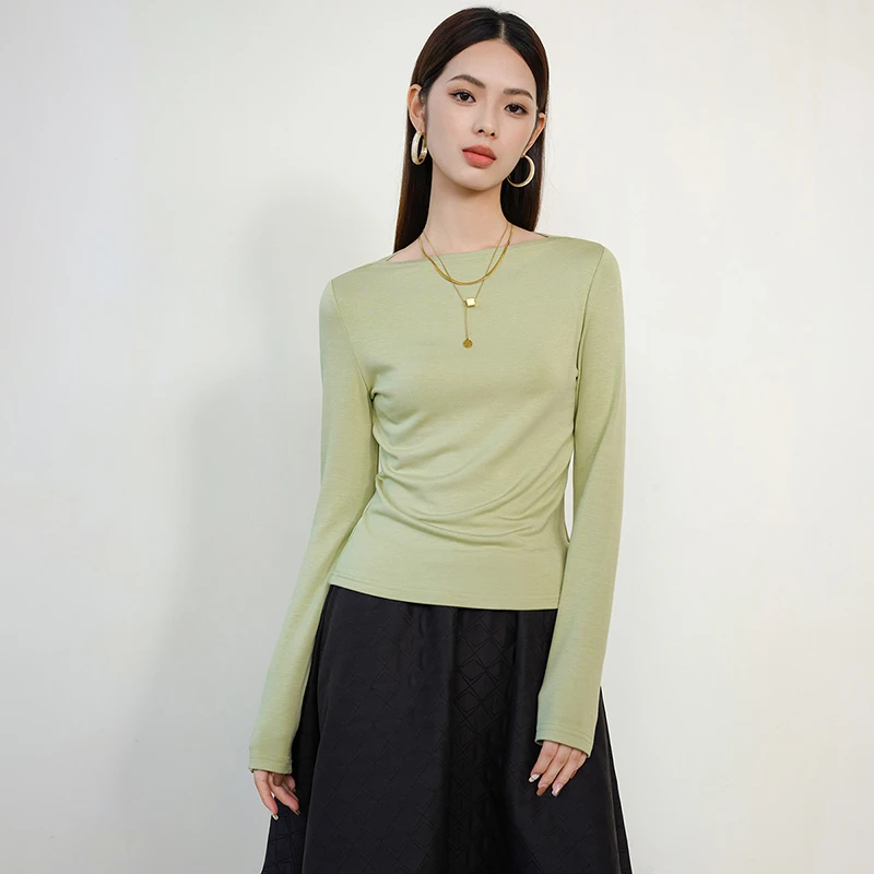 晚白【新品】T弹力一字领衫女24100903