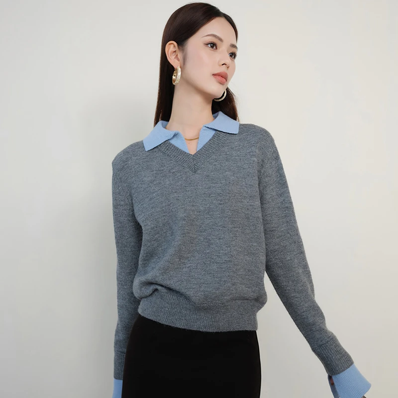 晚白【新品】春款时尚高级感百搭毛衣保暖假两件针织衫24091353