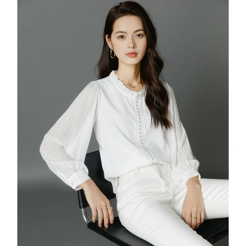 晚白春新款气质纯色淑女衬衣通勤木耳立领套头衬衫女24080515