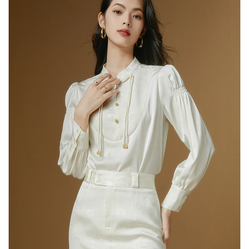 晚白春季新款时尚简约气质衬衣新中式国风通勤衬衫女24072237