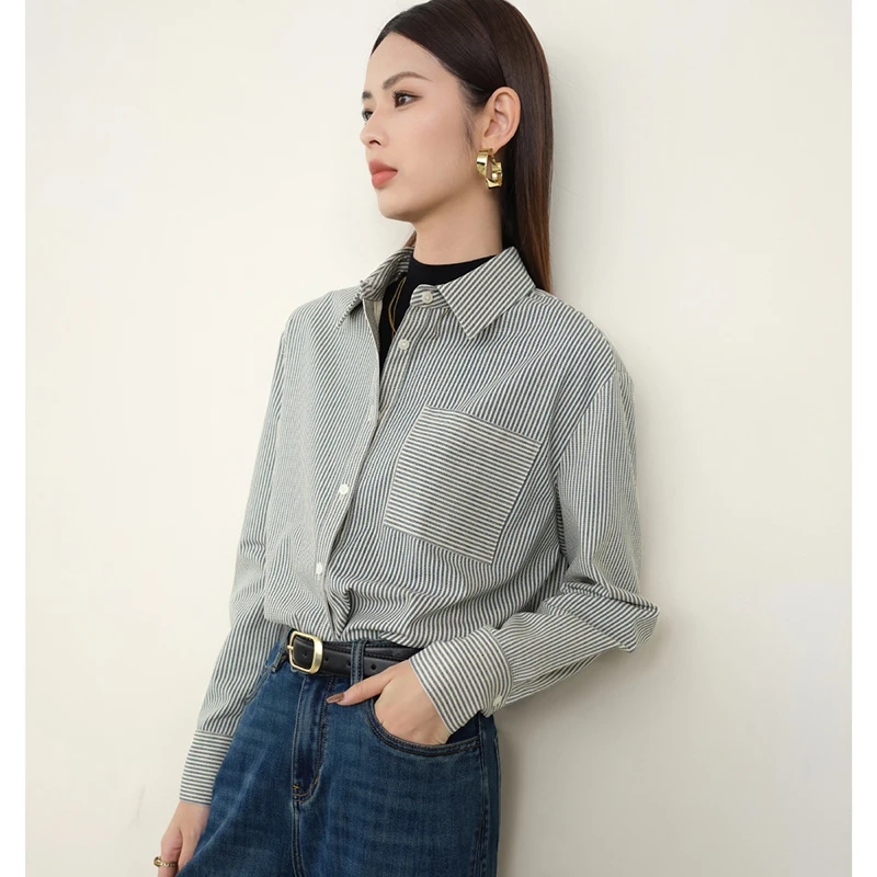 晚白【新品】春衬衫翻领条纹衬衫女24102233