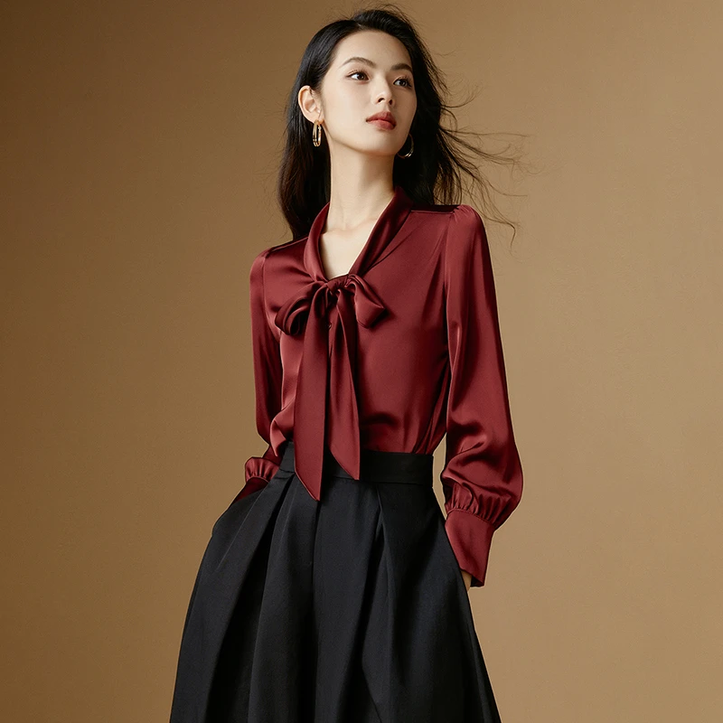 晚白春新款时尚简约气质衬衣休闲系带通勤淑女衬衫女24053133