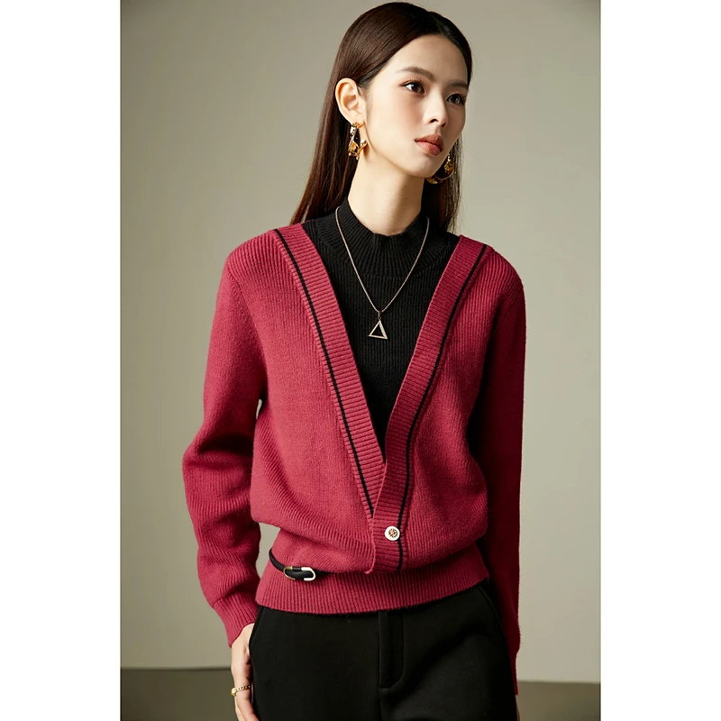 晚白【新品】春新款慵懒风毛衣假两件弹力针织衫女24083074