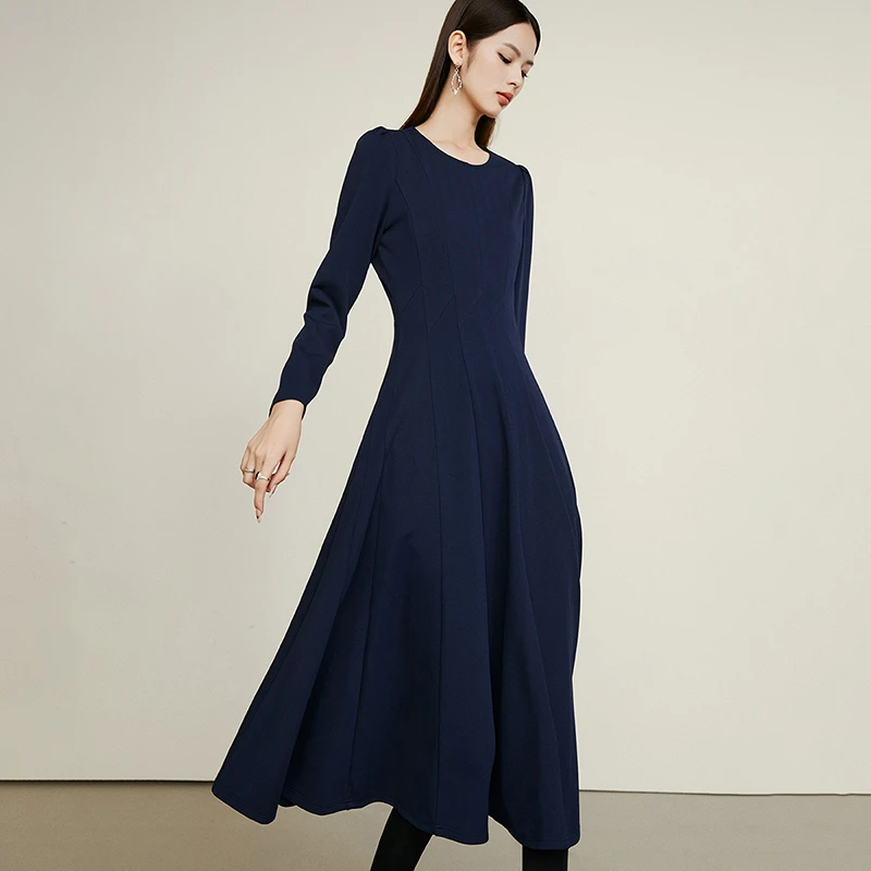 晚白春新款时尚简约裙子休闲长袖纯色高腰连衣裙24101114