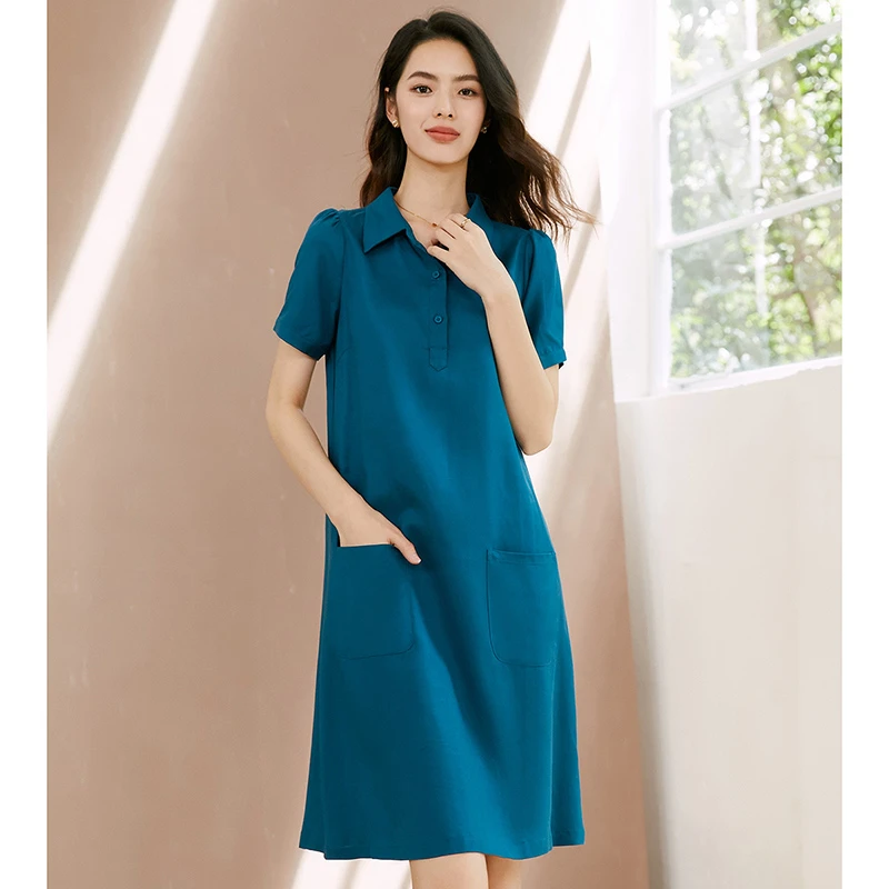 晚白夏季新款气质时尚休闲裙子翻领宽松百搭短袖连衣裙24041667