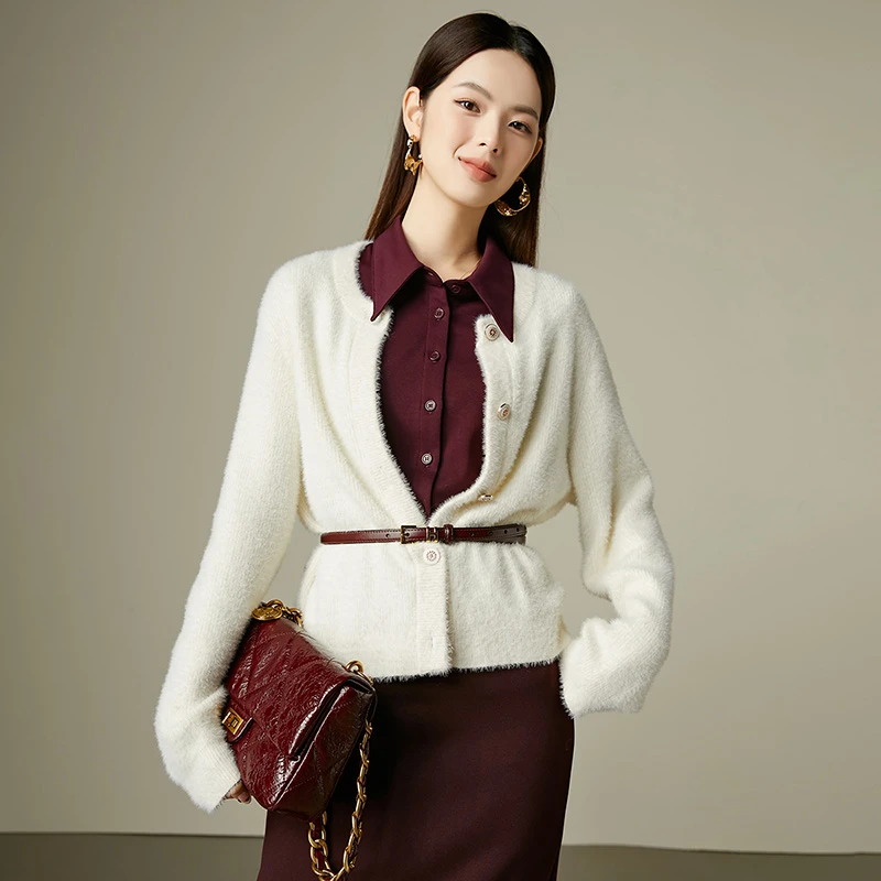 晚白时尚高级感外套软糯毛茸茸开衫毛衣女【不含腰带】24091359