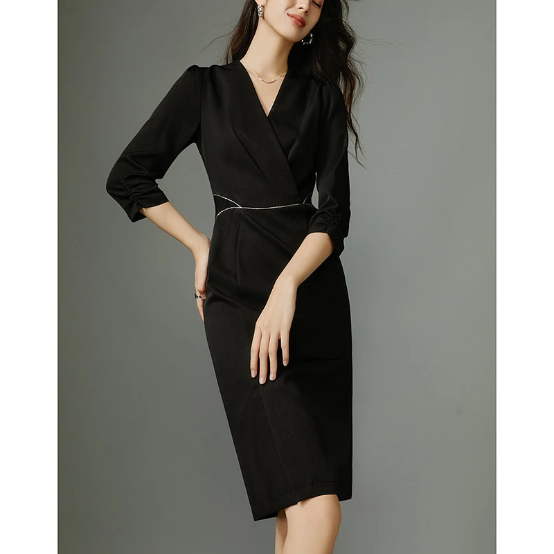 晚白春季新款西装裙修身纯色百搭OL通勤包臀连衣裙24080518