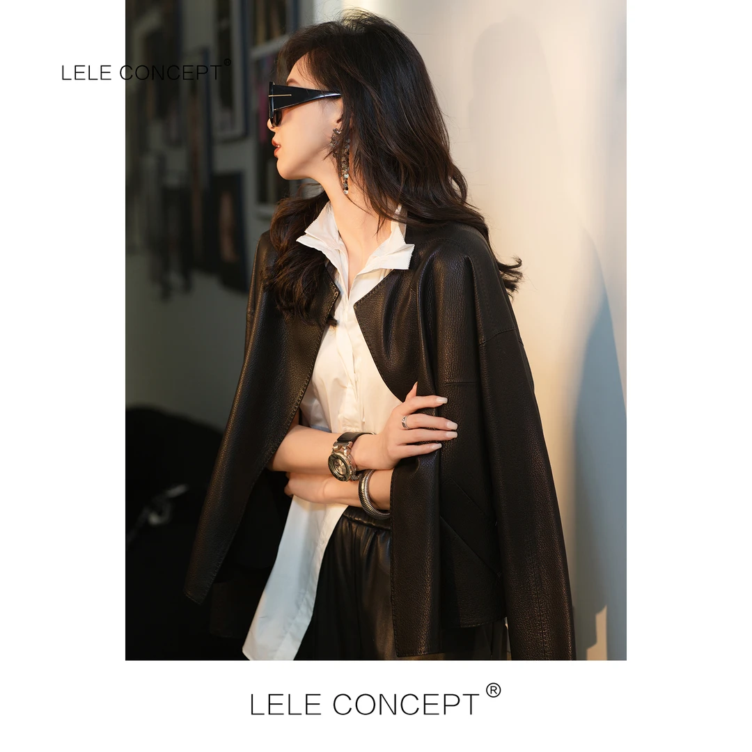 LELE CONCEPT｜秋圆领无领束腰腰带夹克短款皮衣外套收腰Y0094