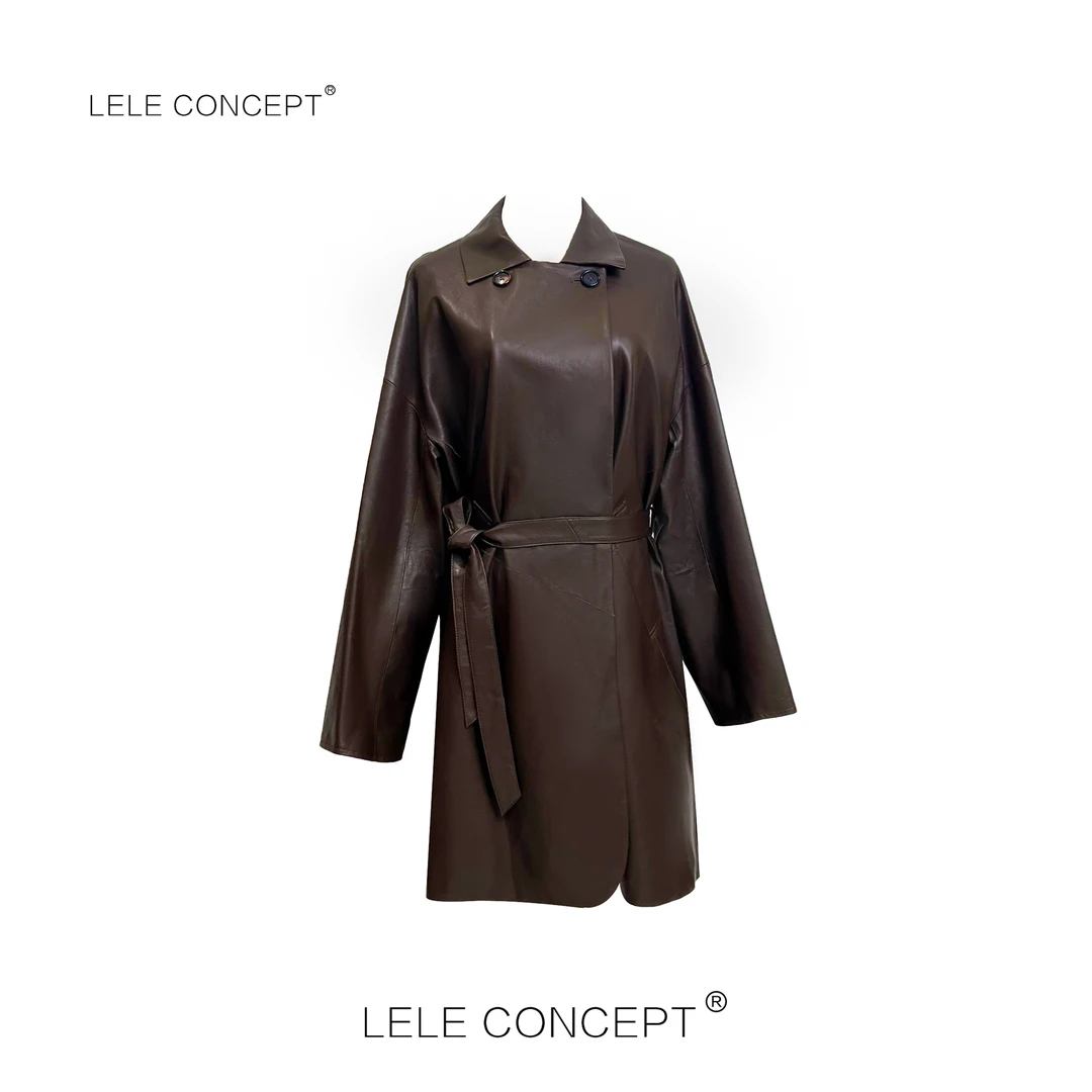 LELE CONCEPT｜秋冬翻袖腰带皮衣经典咖色皮风衣显瘦气质P0024