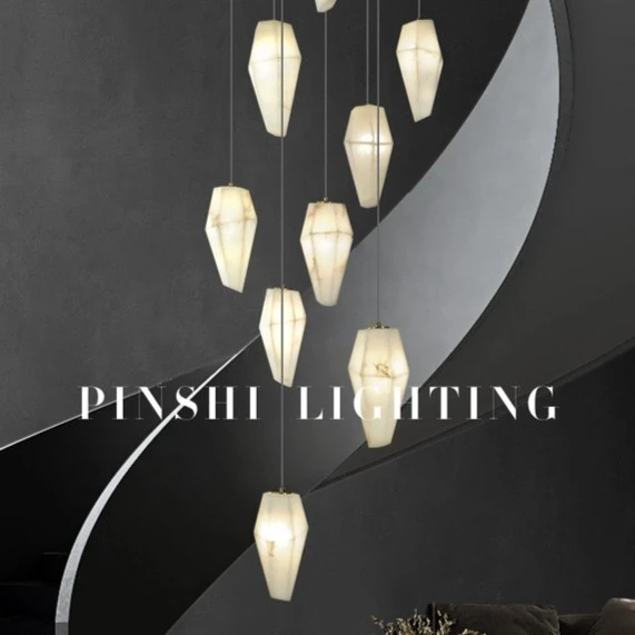 全铜天然云石轻奢后现代客厅复式楼梯吊灯餐厅大气楼梯间吊灯