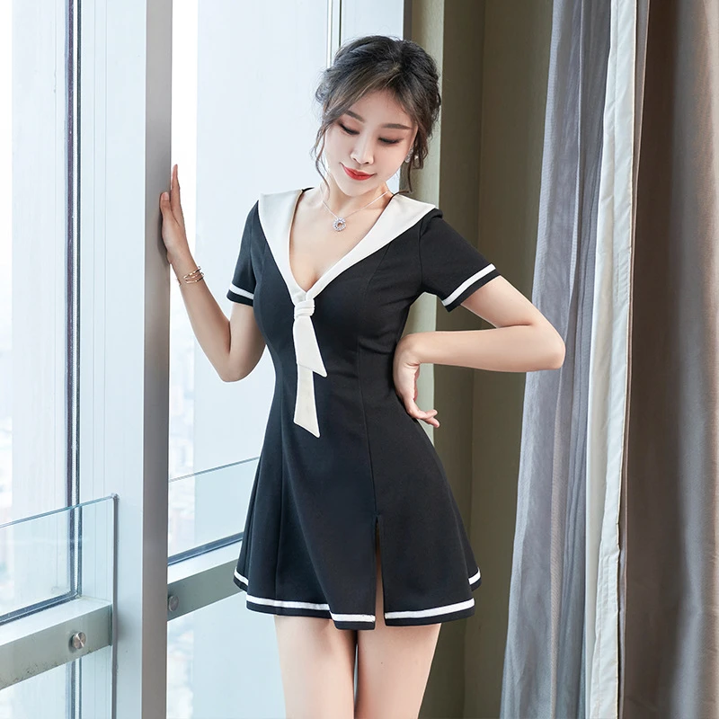 大码小肚腩女装性感新款工作服夏装黑开叉短裙夜场上班女孩衣服