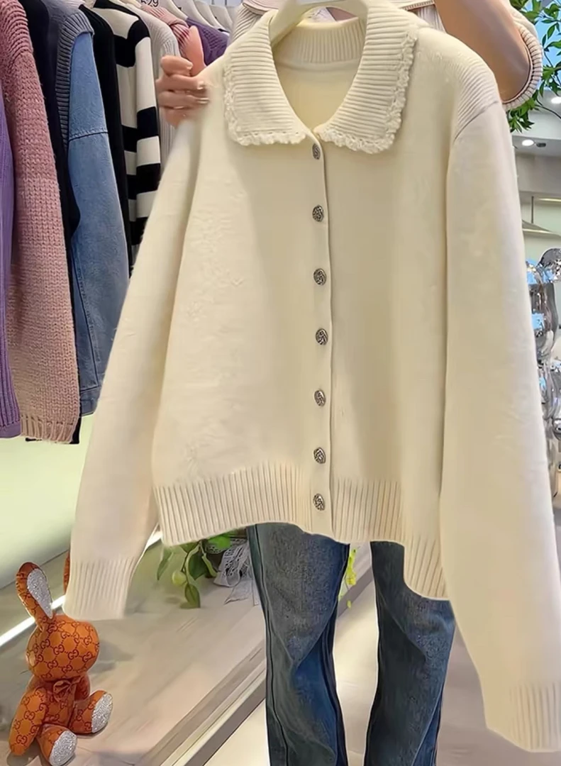 欧货重磅米色娃娃领毛衣外套女秋冬新款宽松慵懒风针织开衫