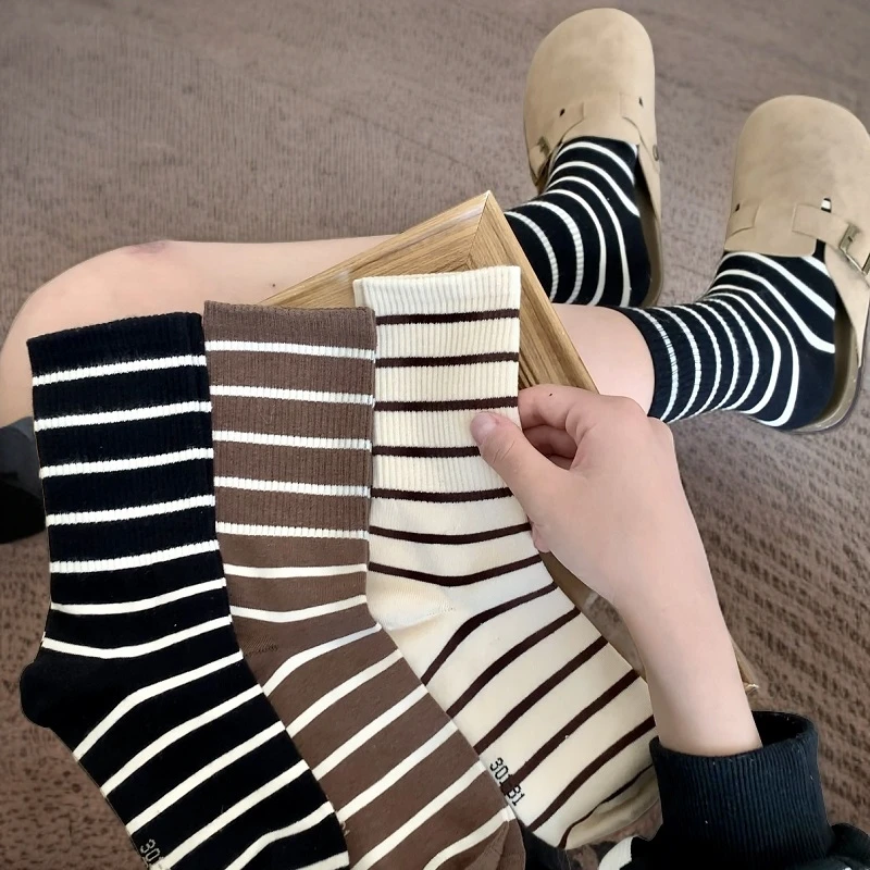 袜子女透气秋冬款中筒条纹袜子ins潮百搭运动棉袜长筒堆堆袜女款