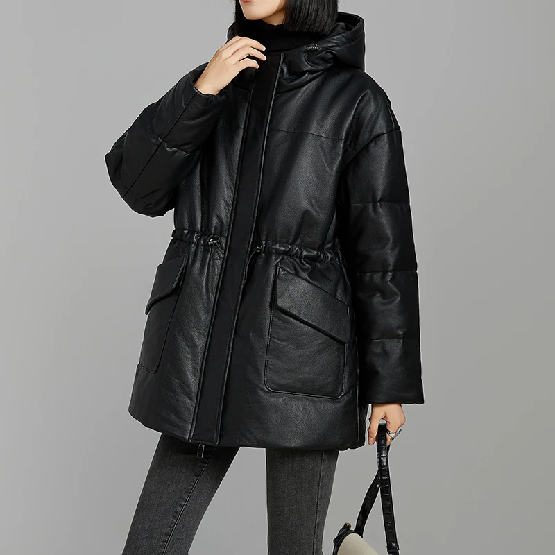 真皮连帽羽绒服宽松版大码中长款外套女时尚保暖加厚百搭韩版休闲
