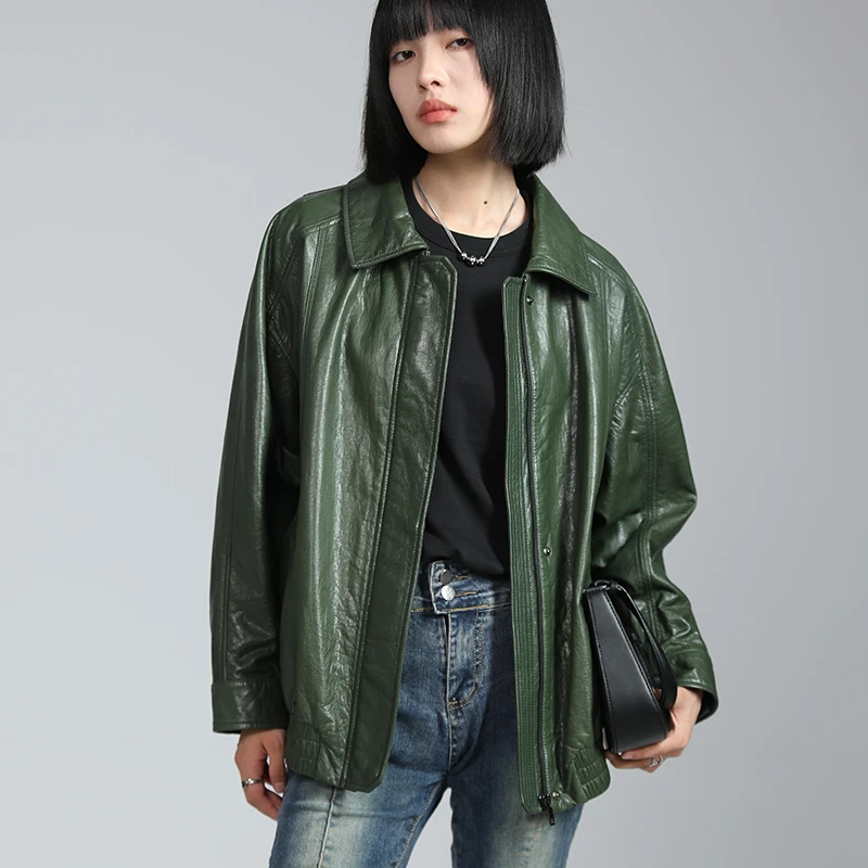 欧货休闲复古油蜡做旧牛皮真皮皮衣女外套宽松韩版百搭时尚翻领