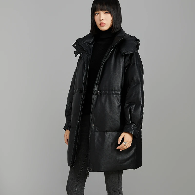 真牛皮可脱卸帽子鹅绒服宽松大码中长款外套女士皮衣海宁皮衣8032