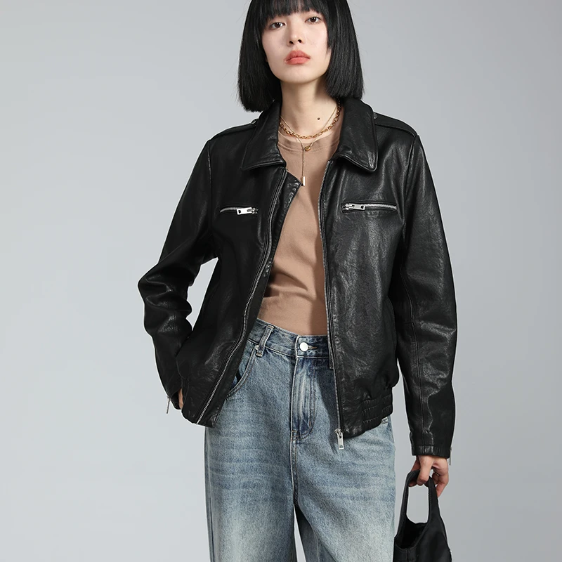 全植鞣复古做旧款真皮皮衣女机车服外套宽松版皮夹克短款羊皮2309