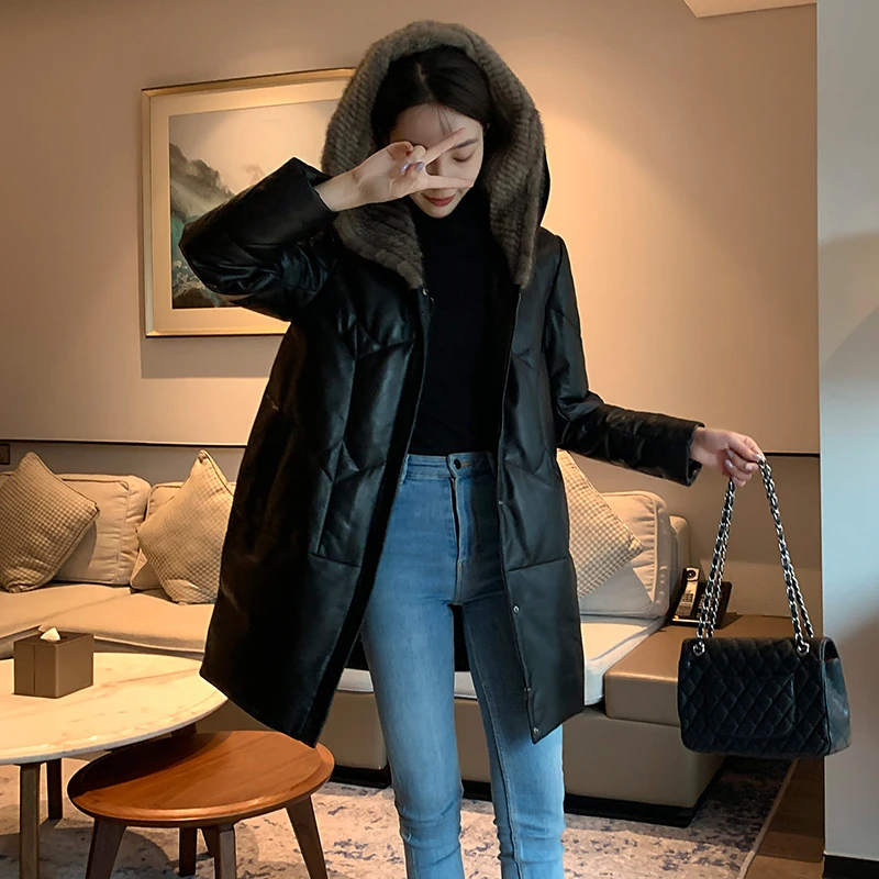 真皮羽绒服女宽松大码中长款外套绵羊皮皮衣女士海宁真皮皮衣连帽