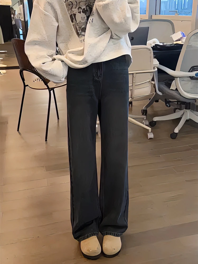 梨型身材大码高腰直筒牛仔裤女2024春季新款胖mm显瘦窄版阔腿长裤