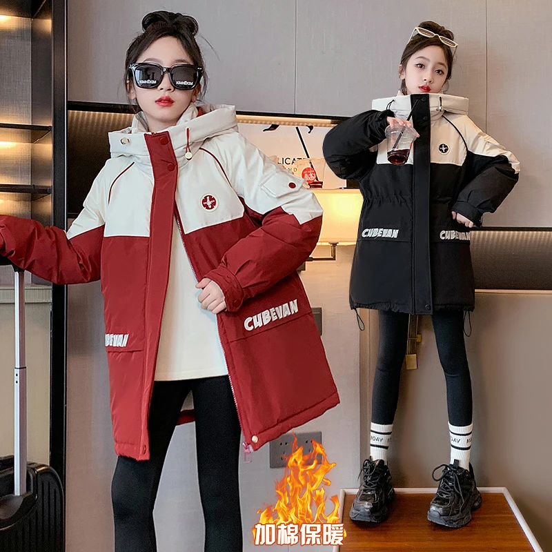 120-170码 新款冬季时尚女童中大童中长款加厚保暖宽松连帽外套