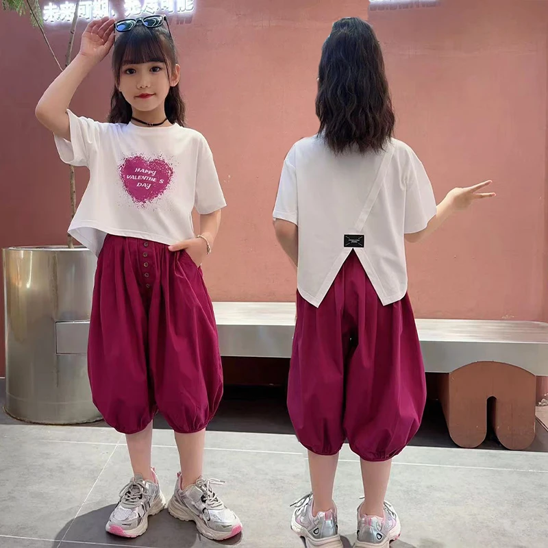 110-170 2024夏季女孩洋气时尚爱心女宝韩版甜美灯笼裤夏款 套装