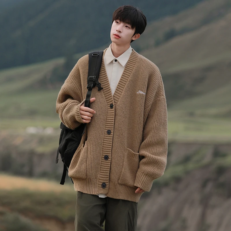 V领开衫毛衣男款秋冬季高级感潮牌慵懒风日系复古宽松针织衫外套