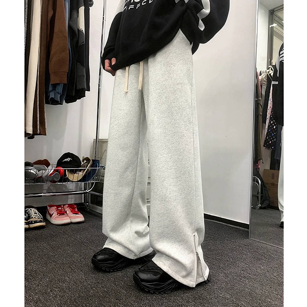 重磅美式拉链休闲卫裤男2023秋冬新款潮牌宽松微喇裤高街直筒裤子