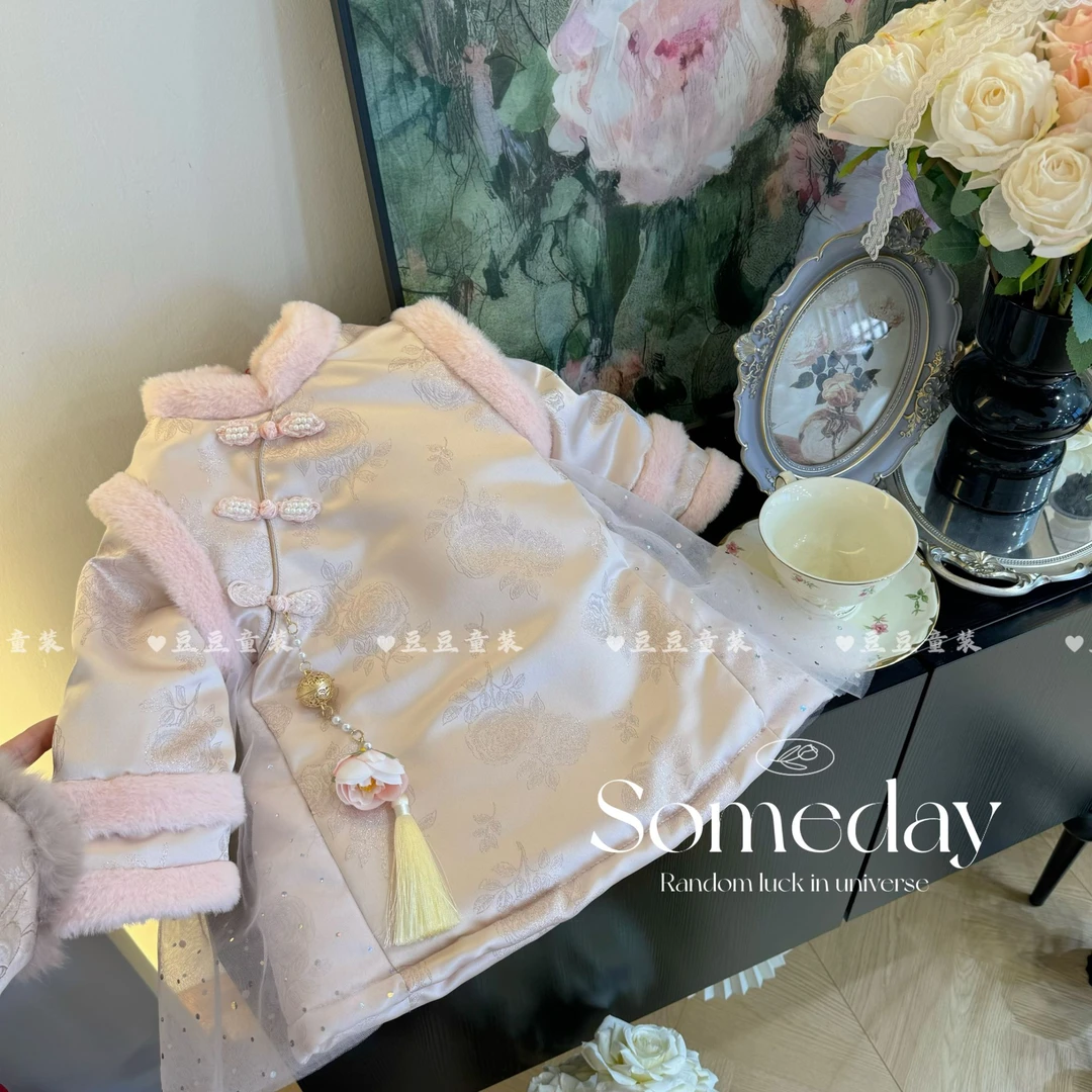 2024新款新中式国风盘扣女童女宝宝假两件拼接国风加绒裙25286