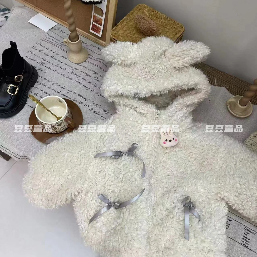 女童外套加厚保暖冬季2024新款蝴蝶结加厚毛毛外套25047