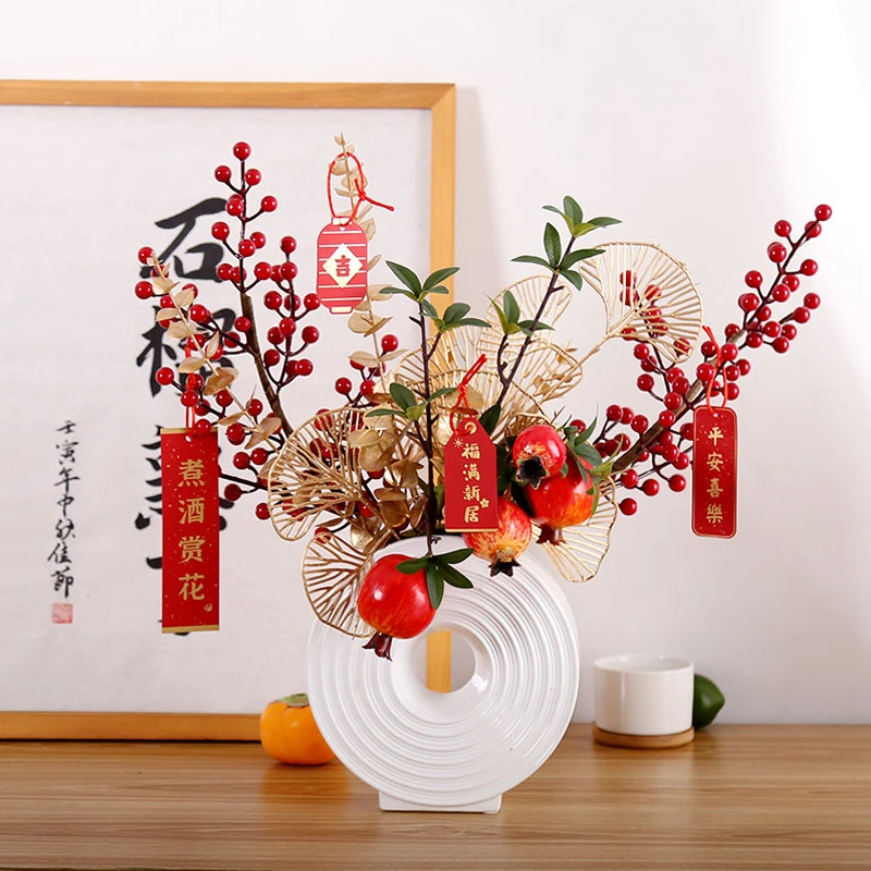 新中式花艺套装冬青发财红果石榴果假花仿真花摆放客厅婚庆装饰花