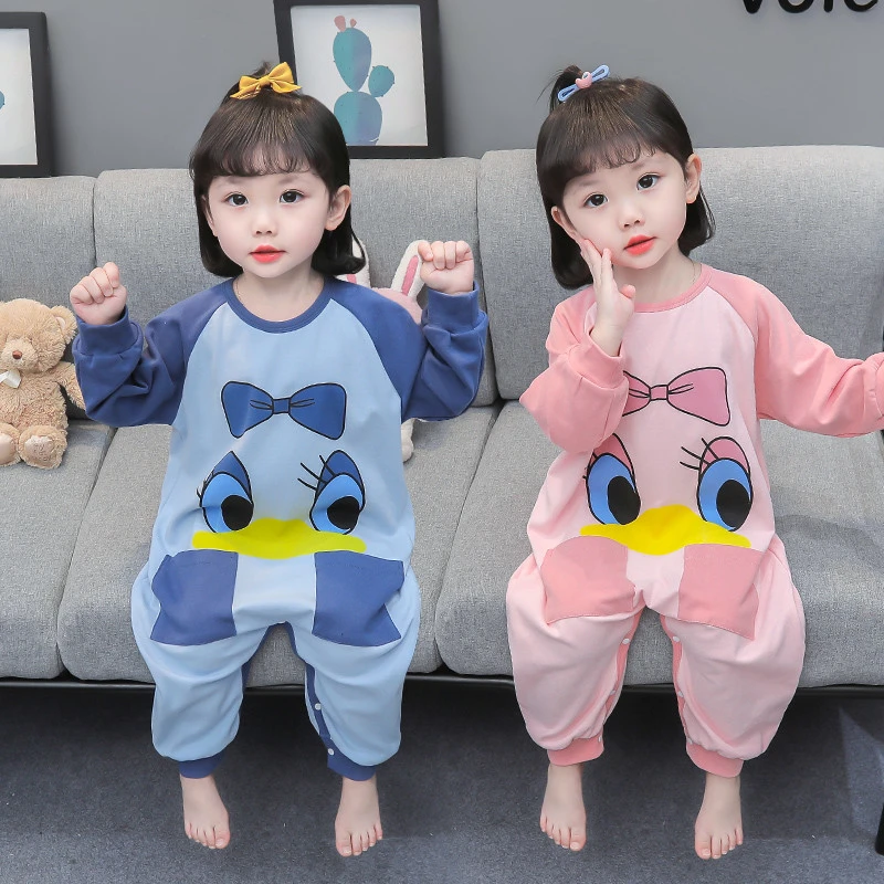 儿童连体睡衣春秋纯棉女孩宝宝睡袋女童连身卡通爬服秋款家居服