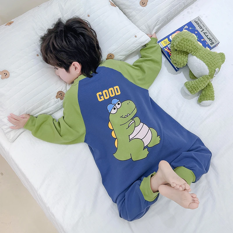 儿童连体睡衣男童春秋纯棉长袖男孩宝宝恐龙防踢被连身家居服秋季
