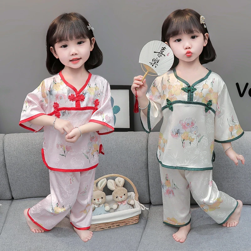 女童冰丝睡衣夏季薄款儿童宝宝民族风家居服中小童夏款空调服套装