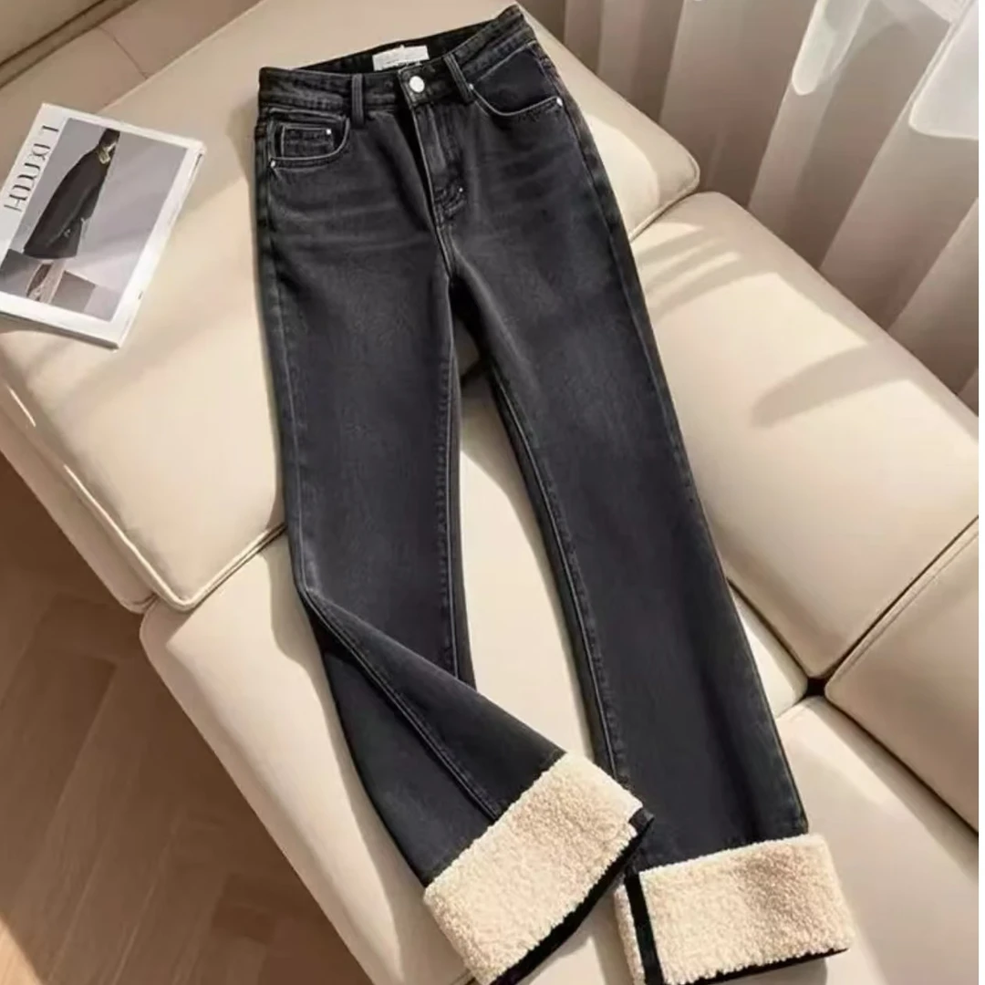 SzBlaZe冬季羊羔绒高腰显瘦休闲百搭牛仔裤弹力修身直筒烟管裤882