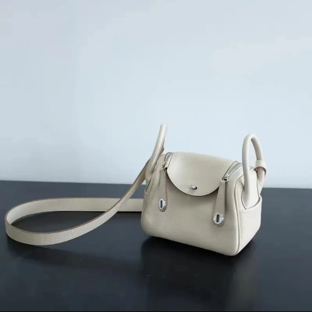 新款时尚百搭气质纯色小众单肩斜跨手提包-LD26米白银扣