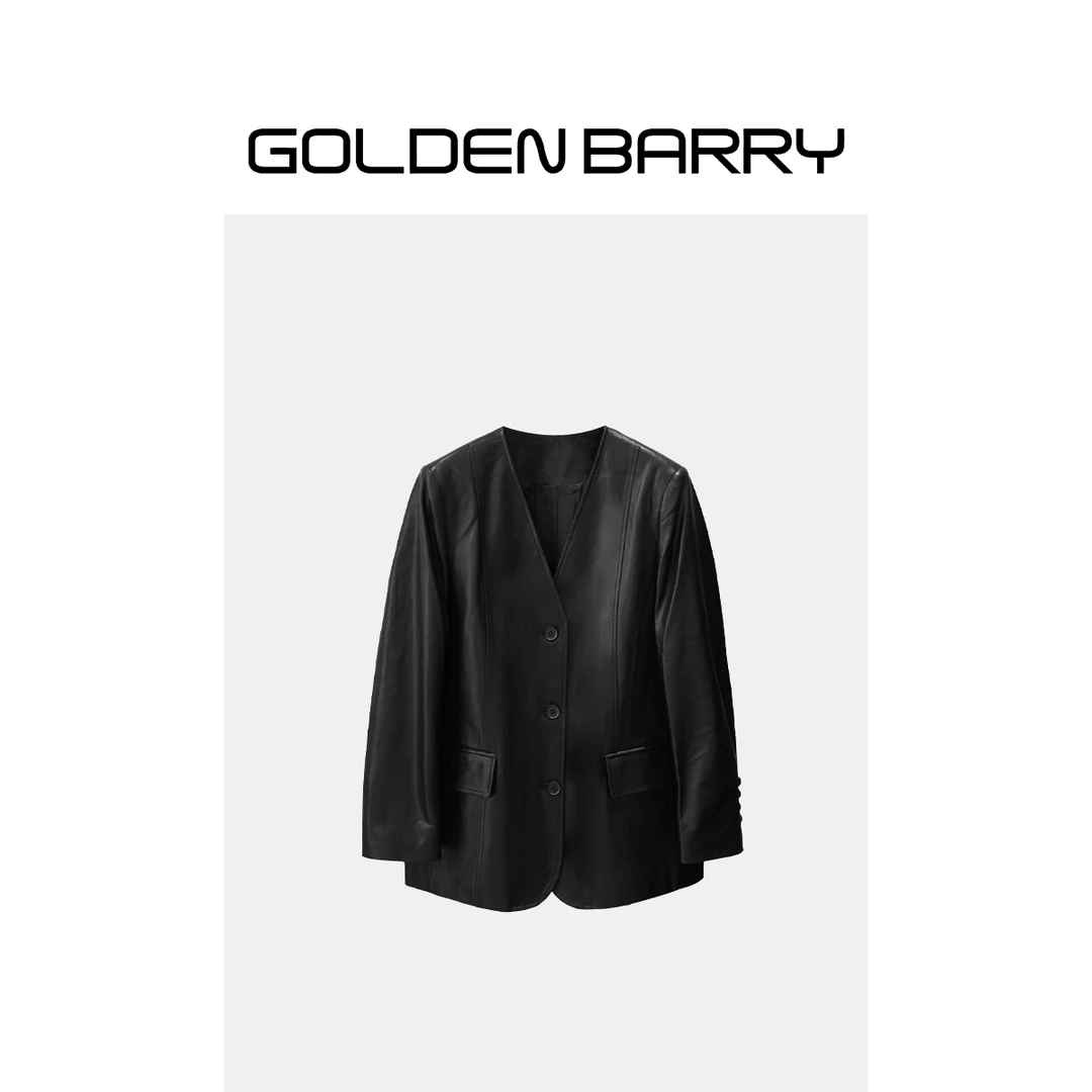 GOLDENBARRY|气质160020小羊皮V领百搭简约时尚外套轻奢设计师
