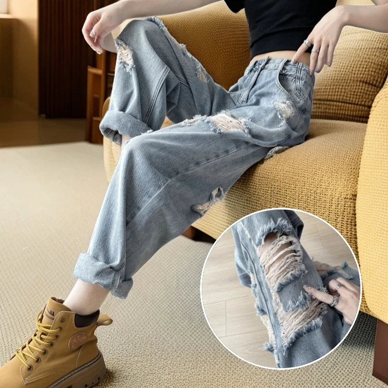 前后破洞哈伦牛仔裤女夏季薄款2024年爆款宽松小个子乞丐老爹裤