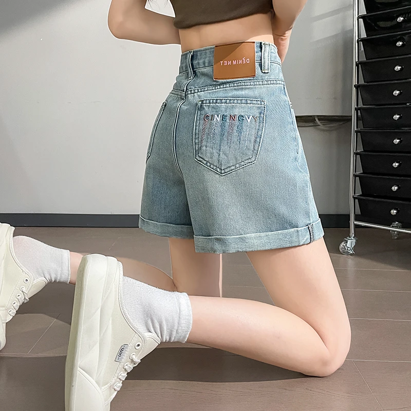 高腰刺绣牛仔短裤女夏季薄款2024新款小个子宽松显瘦网红辣妹热裤