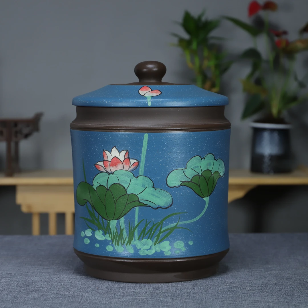 八饼装宝塔款泥绘荷花紫砂茶叶罐手工制作复古存茶罐普洱罐