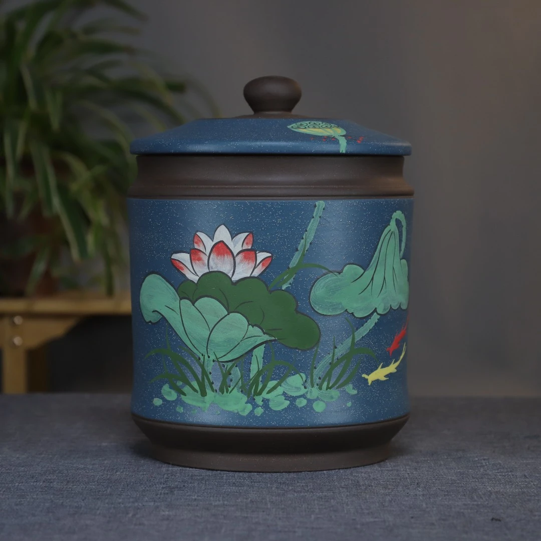 八饼装宝塔款泥绘金鱼荷花紫砂茶叶罐 手工制作复古存茶罐普洱罐