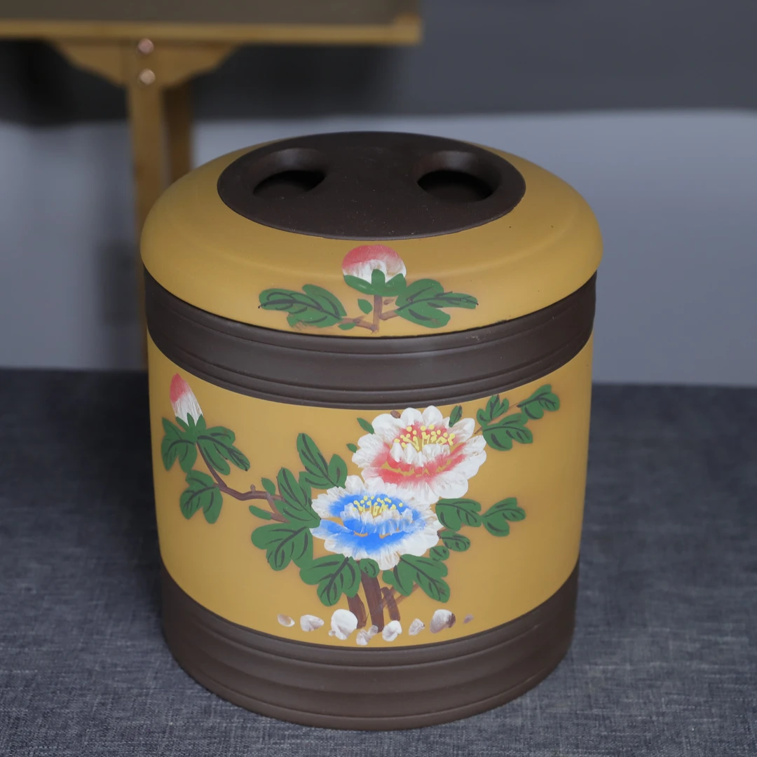 宜兴紫砂茶叶罐牛盖泥绘款普洱七子饼茶罐散茶罐陈皮存储罐米缸
